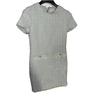 Bebop Blue Sparkle Tweed Short Sleeve Pearl Button Sheath Dress Women - Medium